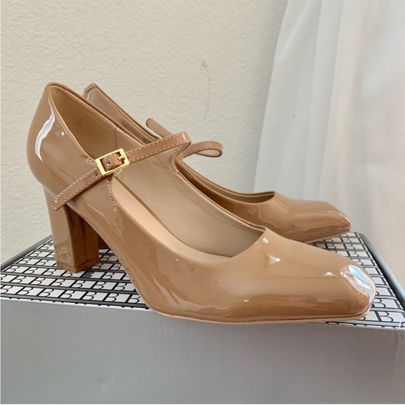 Beige Patent Leather Mary Jane Heels - Picture 1 of 3